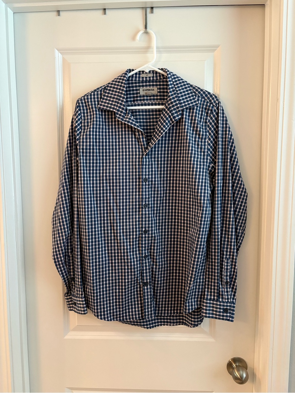 Express Men’s Navy and White Check Button-Down Shirt